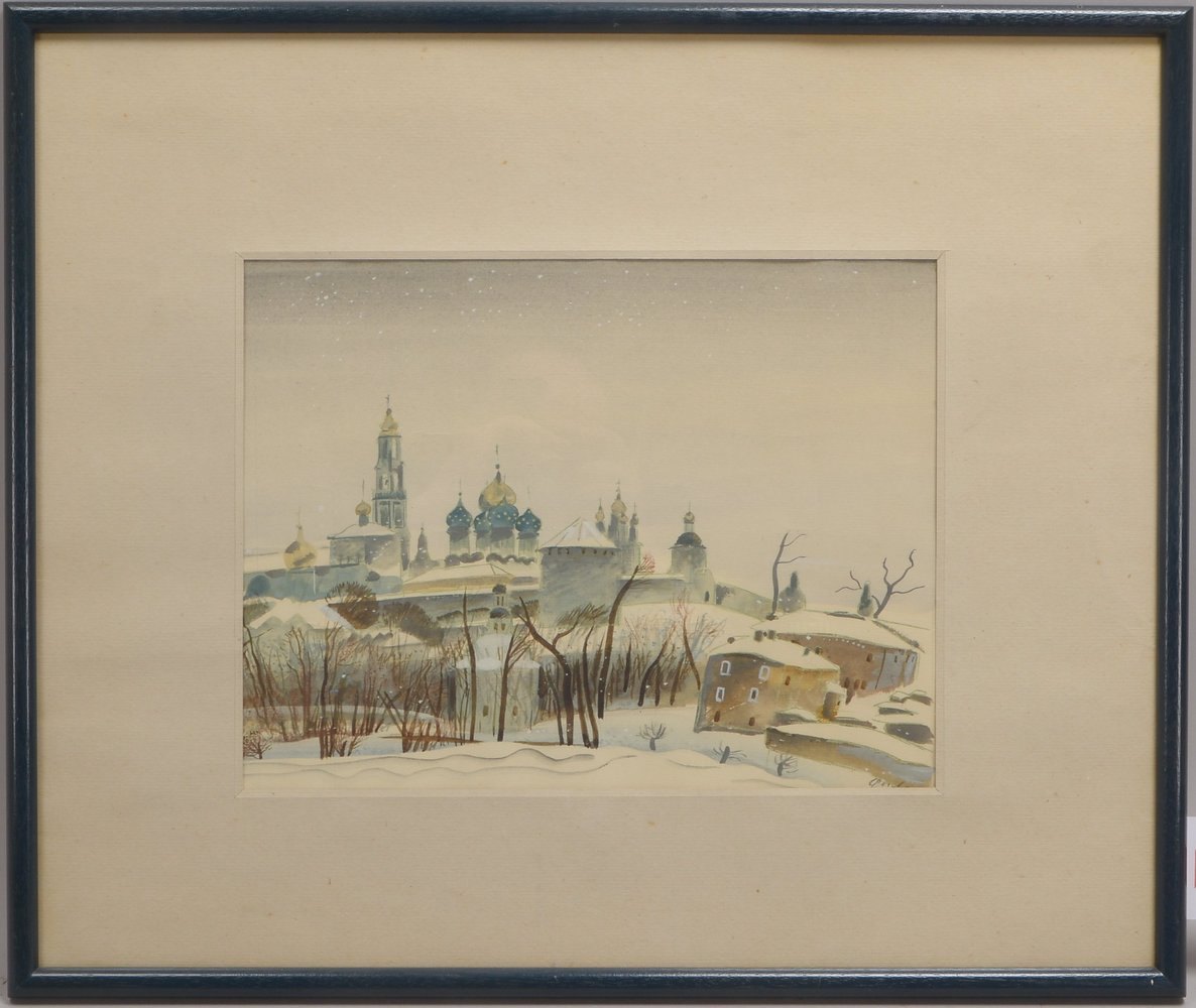 Gouache, 'Stadtansicht - Russland', unten rechts signiert, unter PP hinter Glas gerahmt