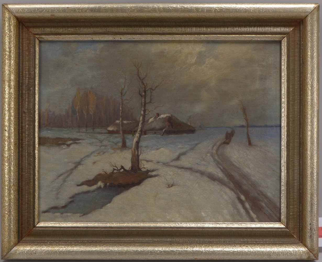 Gemälde, 'Bäuerliches Gehöft im Winter', Öl/Lw, kyrillisch sign./dat. '1942'