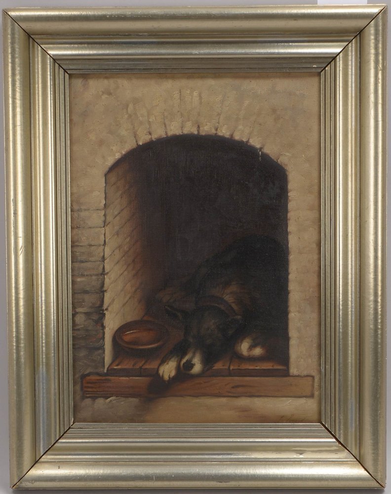 Gemälde, 'Ruhender Hund', Öl/Lw, unten rechts (nicht eindeutig leserlich) signiert