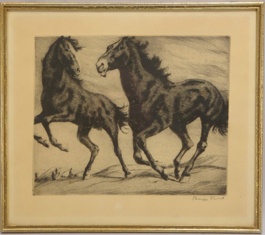 Frank, Philipp, 'Pferde', Radierung, sign., hinter Glas gerahmt; Blattmaße 37 x 42,5 cm