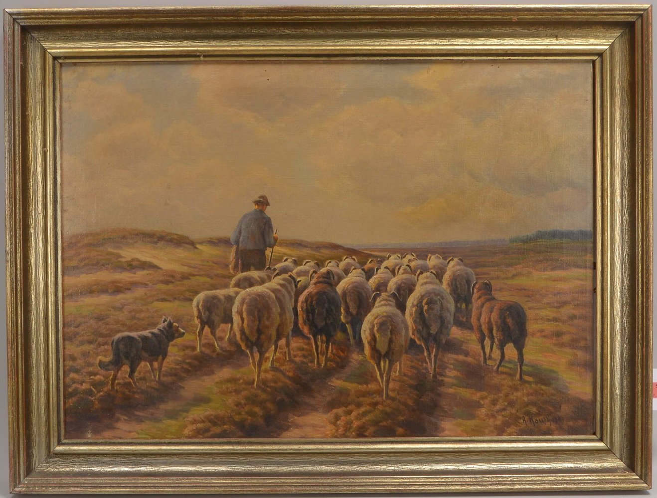Kaufhold, A., 'Heimkehrender Schäfer mit Herde', Öl/Lw, unten rechts signiert