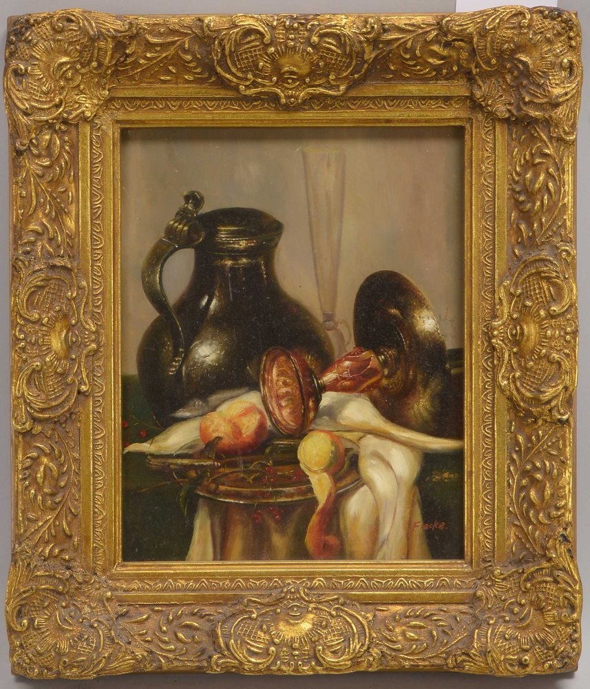 Fracke, 'Tischstillleben mit Krug und Obst', Öl auf Holz/ger., unten rechts sign.