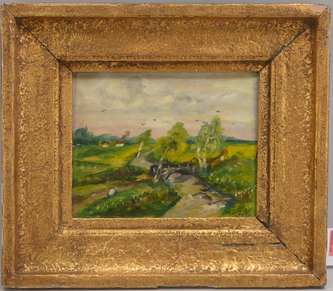 Gemälde, 'Landschaft', Öl auf Holz/ger., unten rechts monogr.; Bildmaße 22 x 27 cm