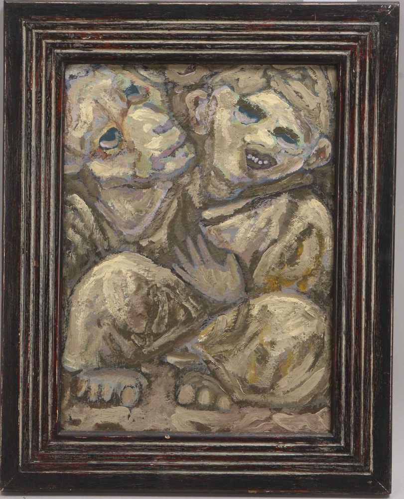 Gemälde, 'Mann mit Affe(?)', Öl/Hf, unsigniert; Rahmenmaße 50 x 40 cm
