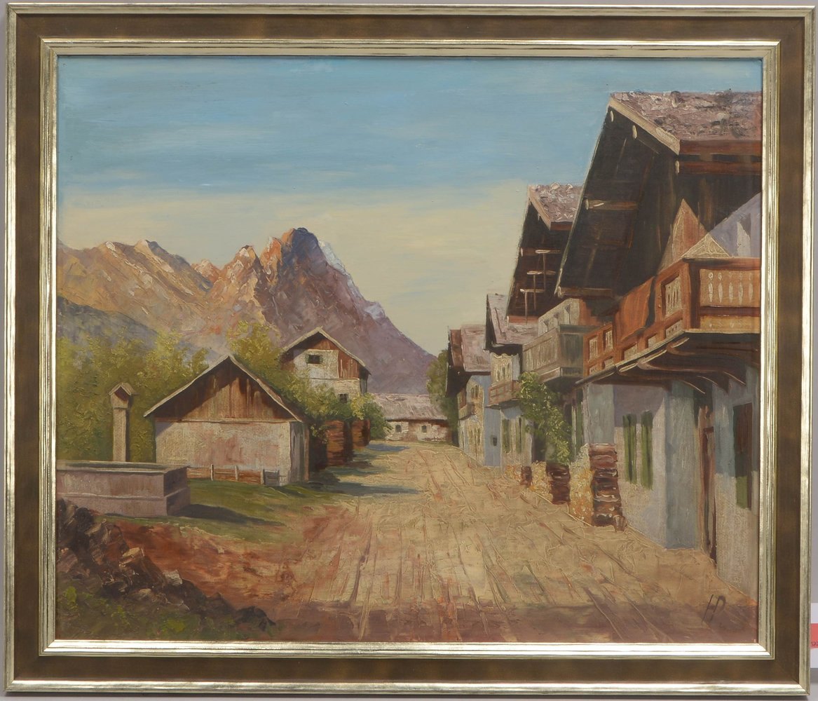 Monogrammist, 'Richard-Strauss-Brunnen in Garmisch-Partenkirchen', Öl auf Malkarton