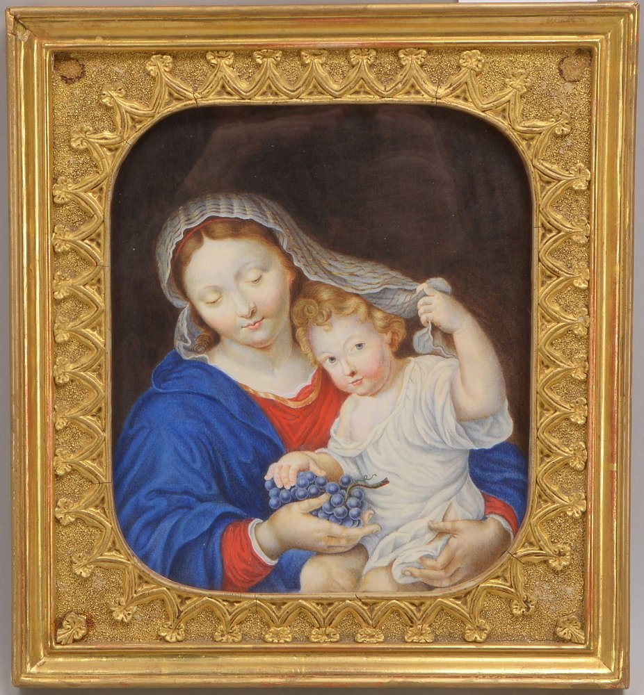 Gouache, 'Heilige Mutter mit Kind', hinter Glas gerahmt; Maße 27 x 25 cm
