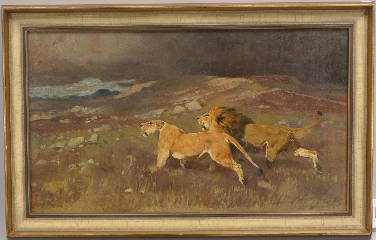 Kuhnert, Wilhelm (zugeschr.), 'Löwenpaar', Öl auf Malkarton/auf Hartfaser, sign.