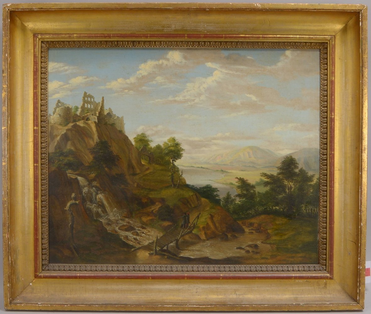 Ölgemälde (19. Jh.), 'Berglandschaft mit Ruine', unsigniert, Öl auf Lw/doubliert