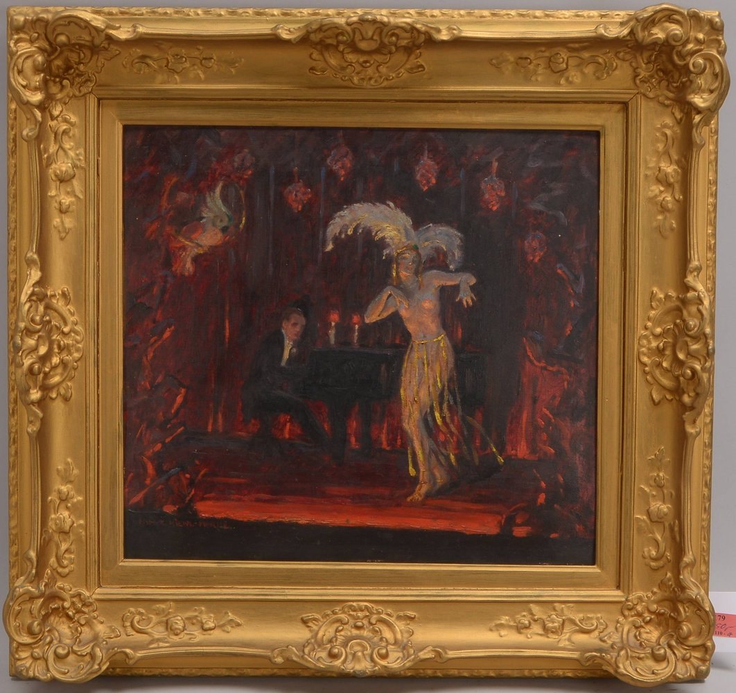 Hienl-Merre, Franz, 'Varietészene mit Tänzerin und Pianospieler', Öl/Malpappe, sign.
