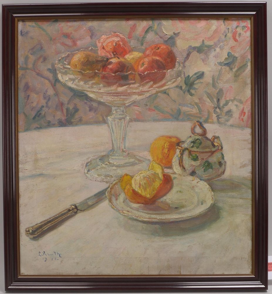 Kurth, Eugène, Tischstillleben mit Tafelaufsatz und Früchten', Öl/Lw, unten links sign