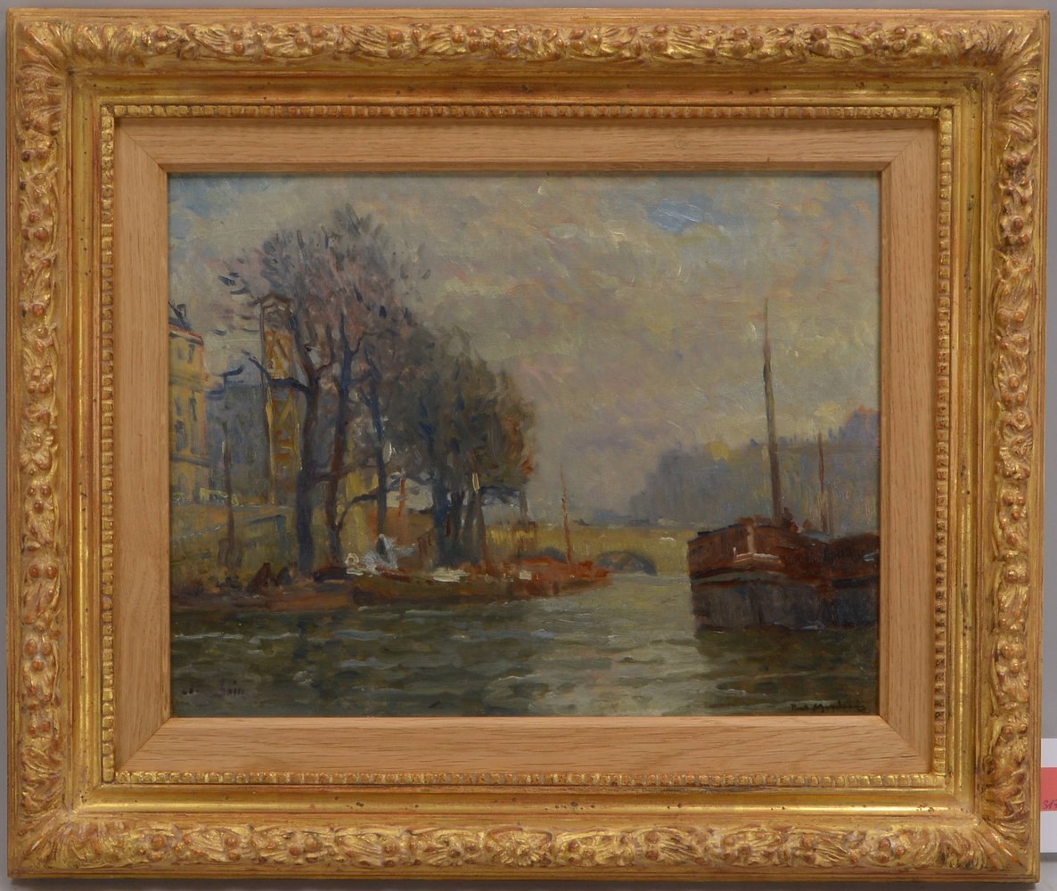Gemälde, 'Binnenschiffer im Hafen', Öl auf Holz/gerahmt, unten re. signiert, li. bez.