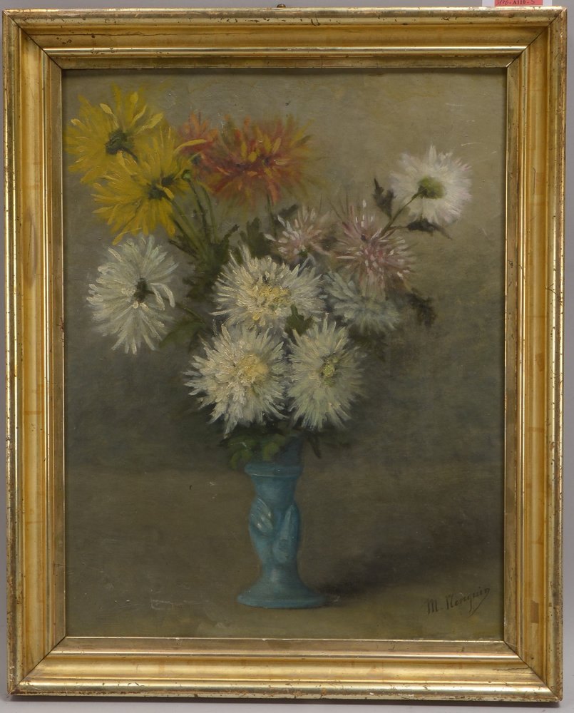 Menquin, M., 'Astern in Vase', Öl auf Malkarton, unten re. sign., in Berliner Leiste