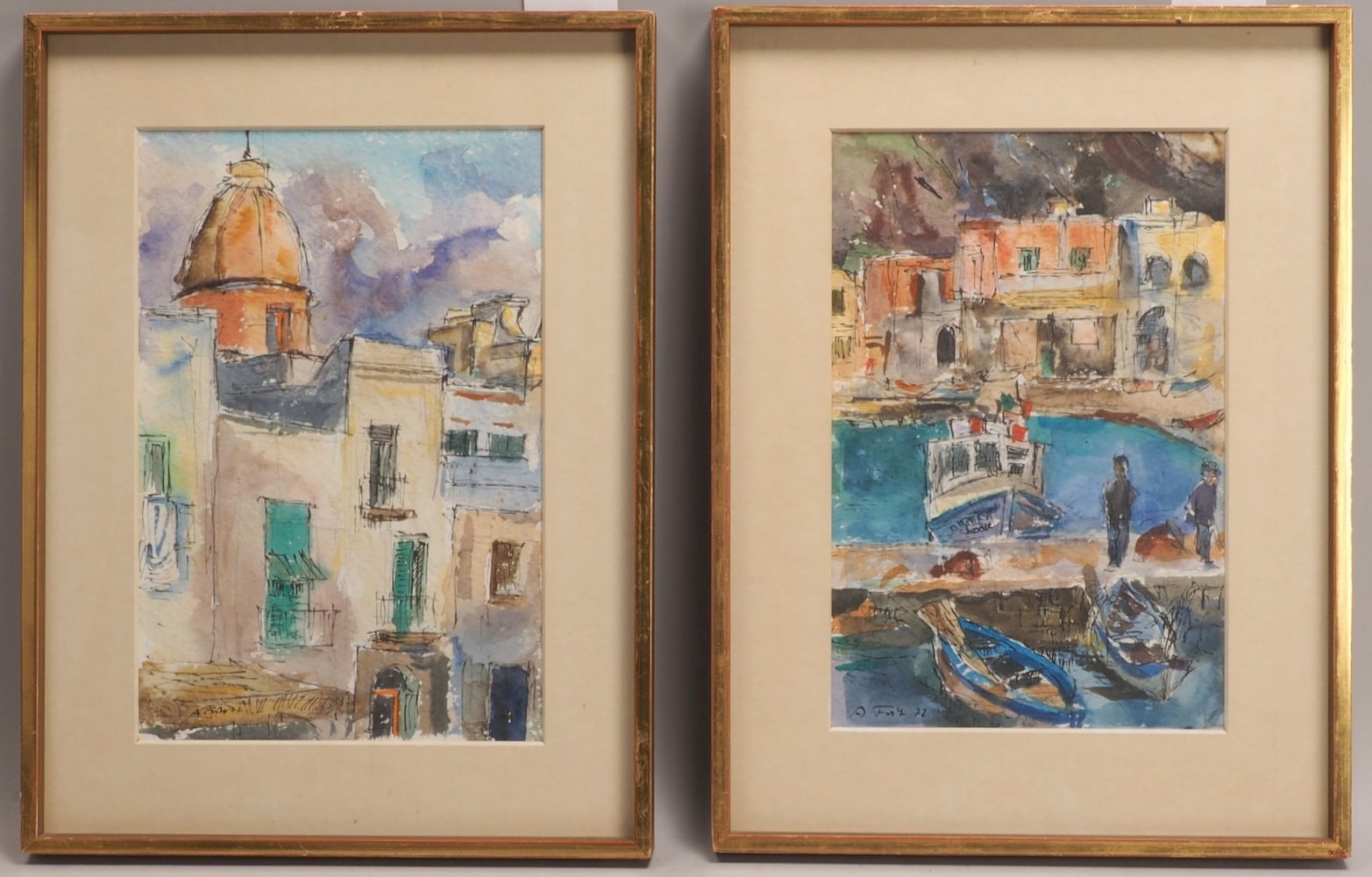 Fritz, A., 2 Aquarelle, jeweils sign./dat. (19)'72', hinter Glas: 'Häuserfassade', 'Kleiner Hafen'
