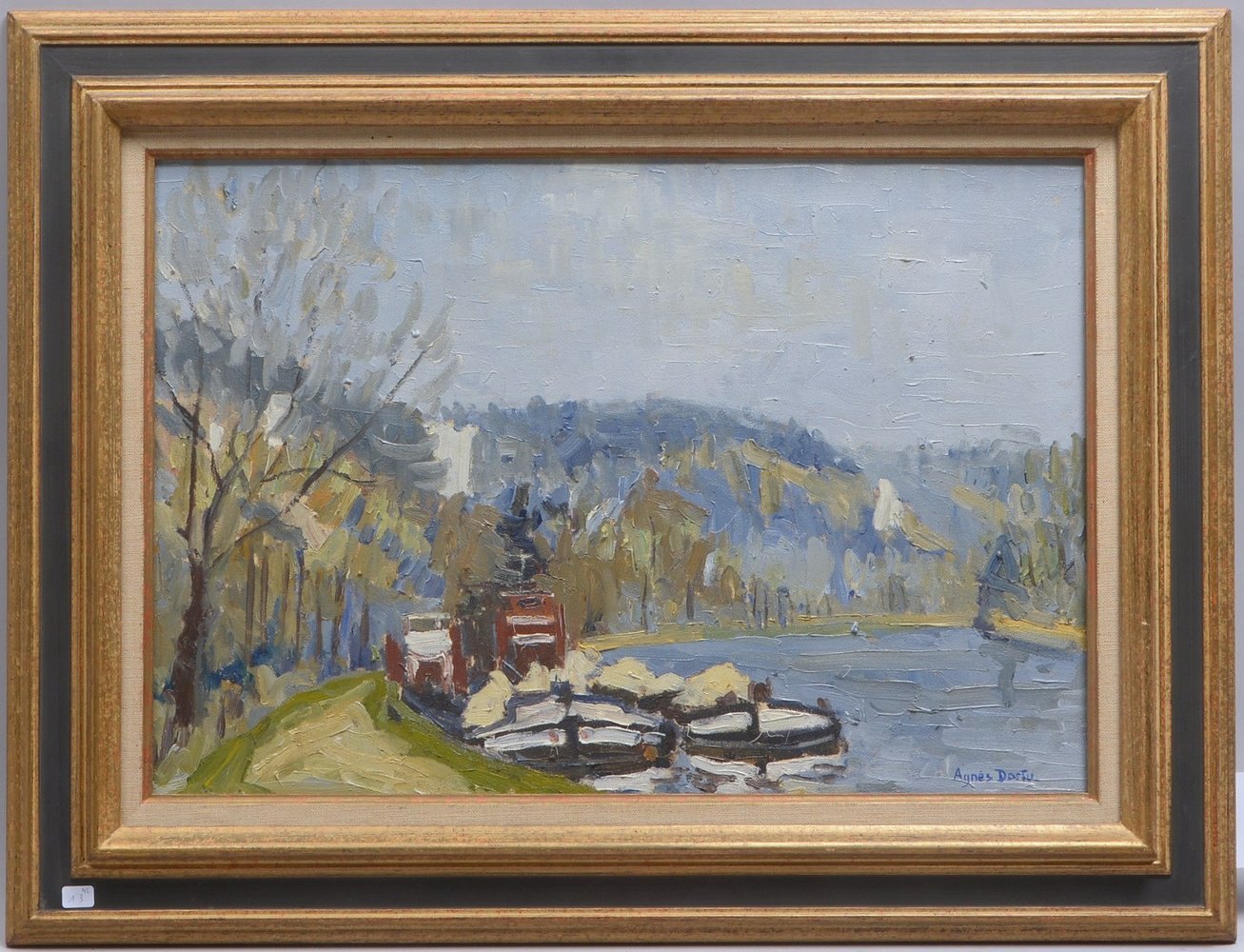 Dortu, Agnès, 'Frachtkähne am Ufer', Öl/Lw, unten rechts signiert; Maße 38 x 55 cm