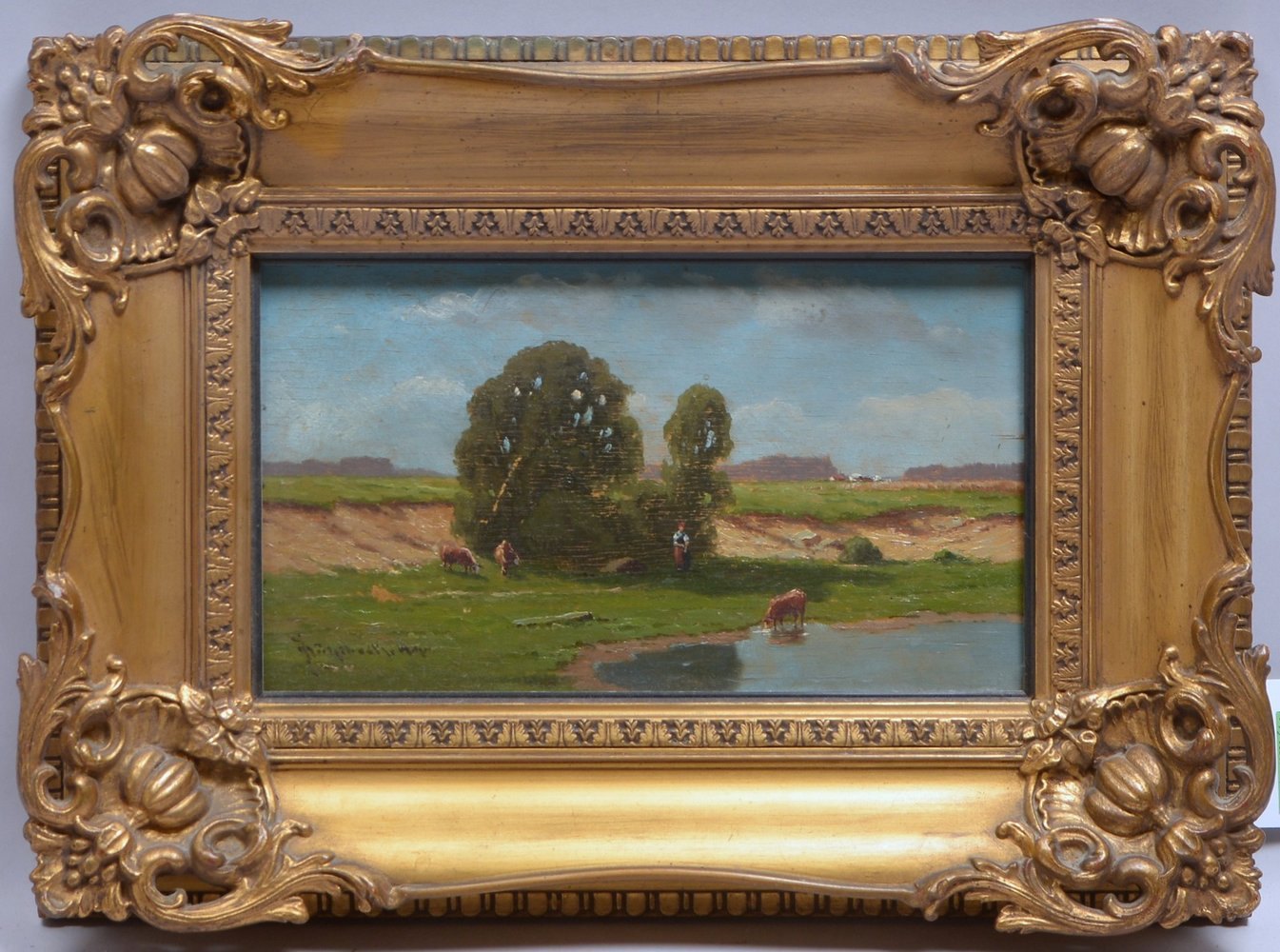 Mühlbeck, Josef, 'Bäuerin mit Kühen am Weiher', Öl/Holz, unten li. sign., im Prunkrahmen
