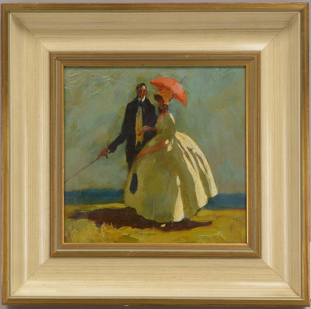 Gemälde, 'Dame und Herr beim Strandspaziergang', Öl auf Platte/ger., unsign.