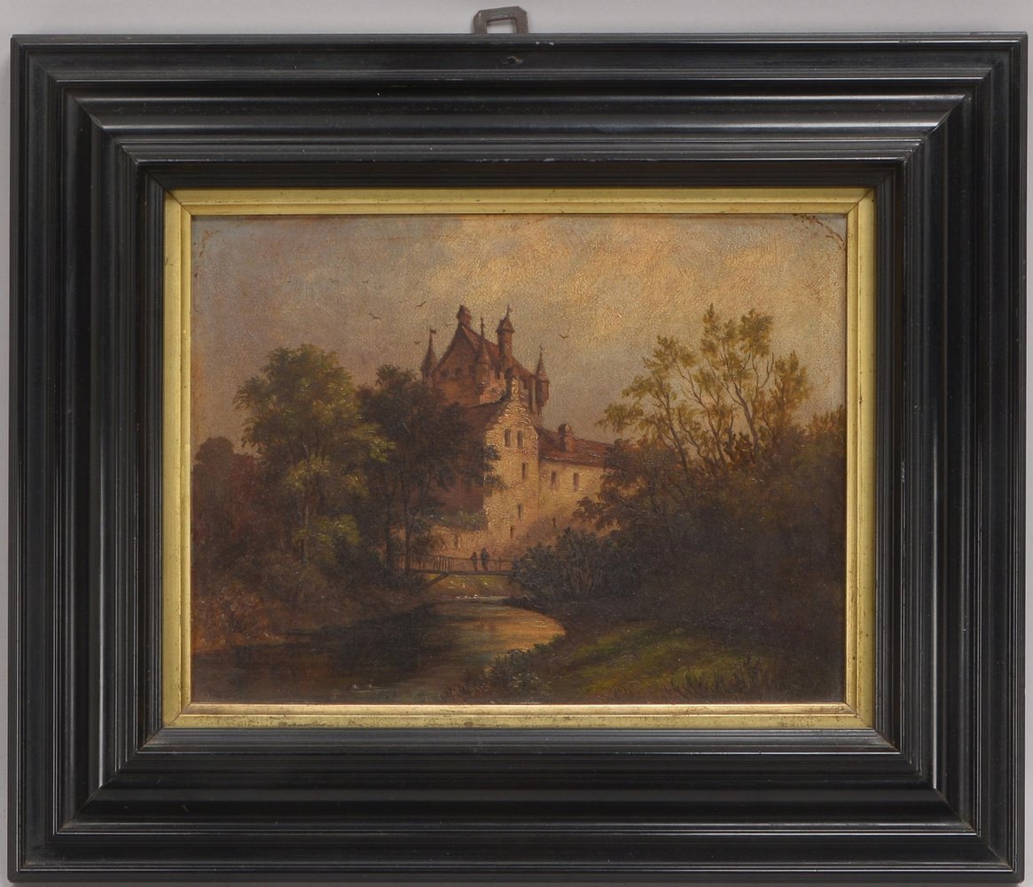 Gemälde, 'Personen auf der Brücke zur Burg', Öl/Lw, unsigniert; Bildmaße 17 x 22 cm