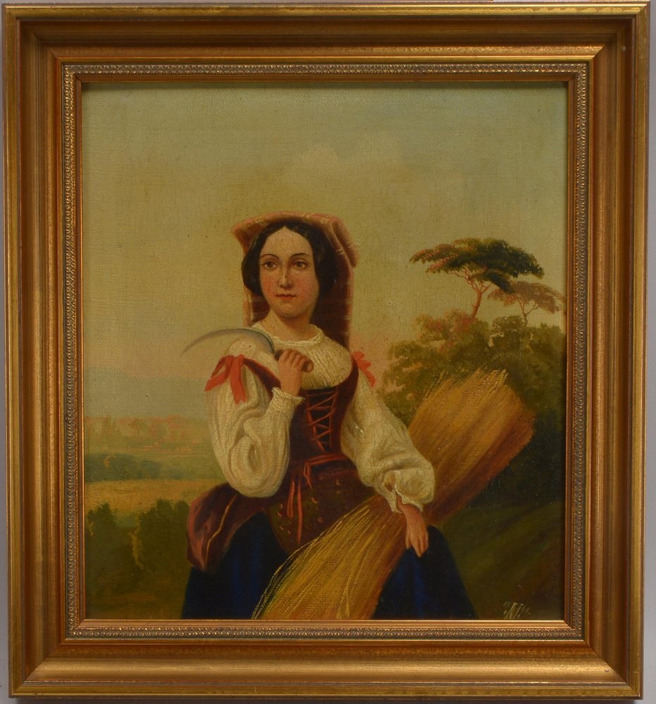 Monogrammist, 'Bäuerin in Tracht - mit Sense und Ähren', Öl/Lw, unten re. monogr./dat.