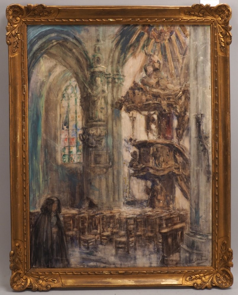 Geudens, Albert, 'Kircheninterieur', Öl/Lw, unten re. sign./verso sign. und auf Etikett bez.