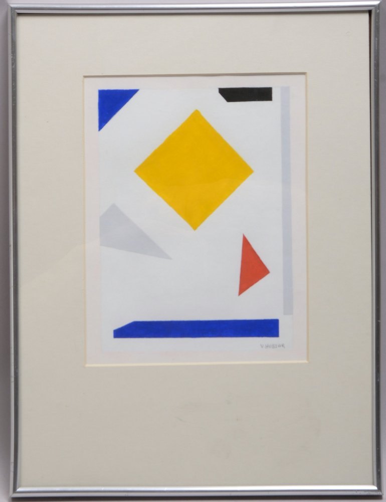 Huszar, Vilmos, 'Geometr. Komposition', Tempera auf Papier, unten re. sign., hinter Glas