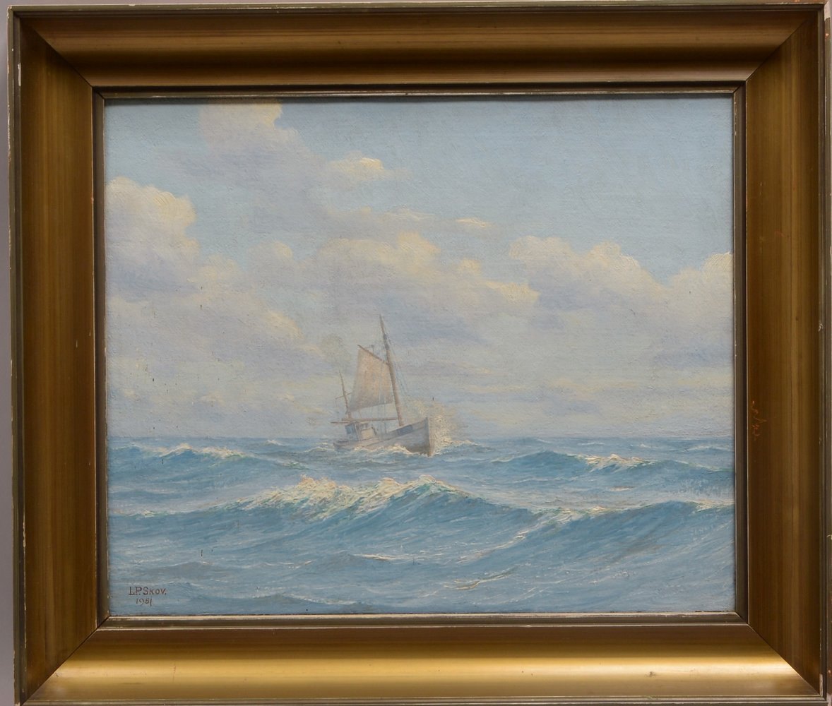 Skov, L.P., 'Fischerboot auf stürmischer See', Öl/Lw, unten li. sign. und dat. '1951'