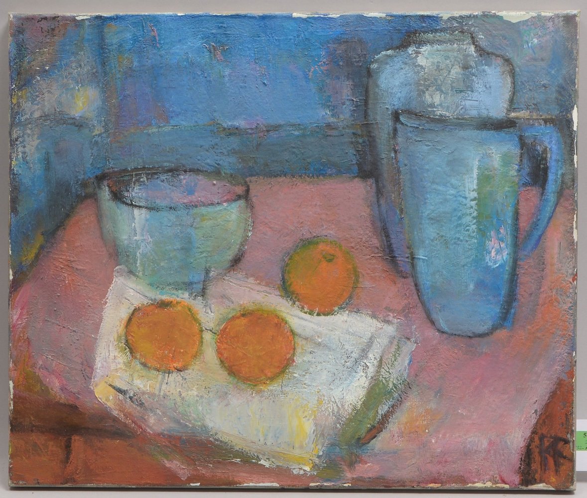 Rutenberg, Renate, 'Tischstillleben mit Apfelsinen', Öl/Lw, unten re. monogr.