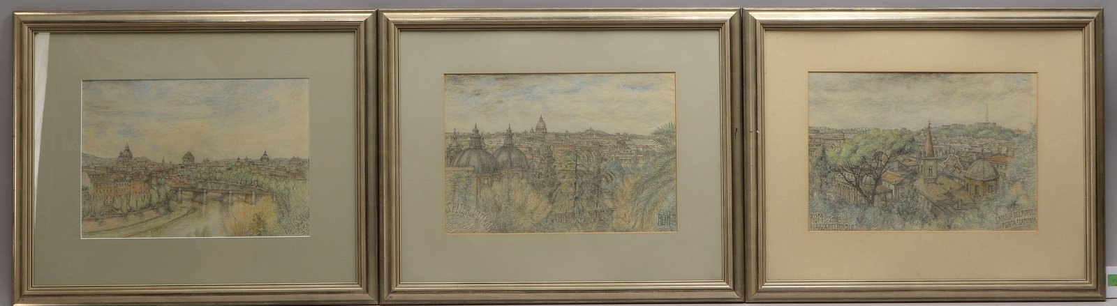 3 Bleistift-/Buntstiftzeichnungen, 'Ansichten von Rom', versch. Motive, hinter Glas