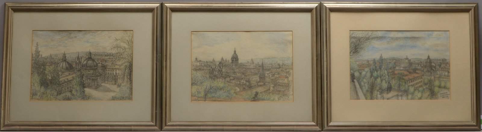 3 Bleistift-/Buntstiftzeichnungen, 'Ansichten von Rom', versch. Motive, hinter Glas