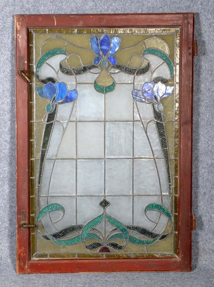 Gr. Fenstertür (aus Bremer Villa), Jugendstil-Bleiverglasung, florale Motive