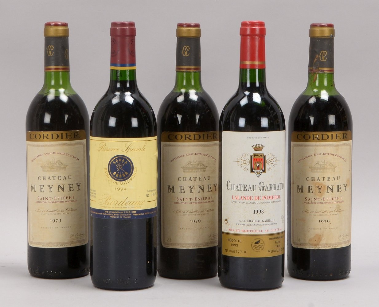 5x Rotweine: 3x 'Chât. Meyney' 1979, 'Chât. Barrand' 1993, 'Baron Rothschild' 1994