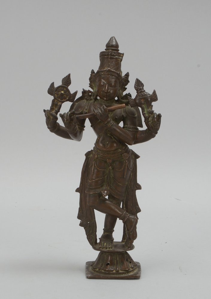 Bronzefigur (Indien), antik, 'Gottheit' - vierarmig/mit Attributen in den Händen dargest.