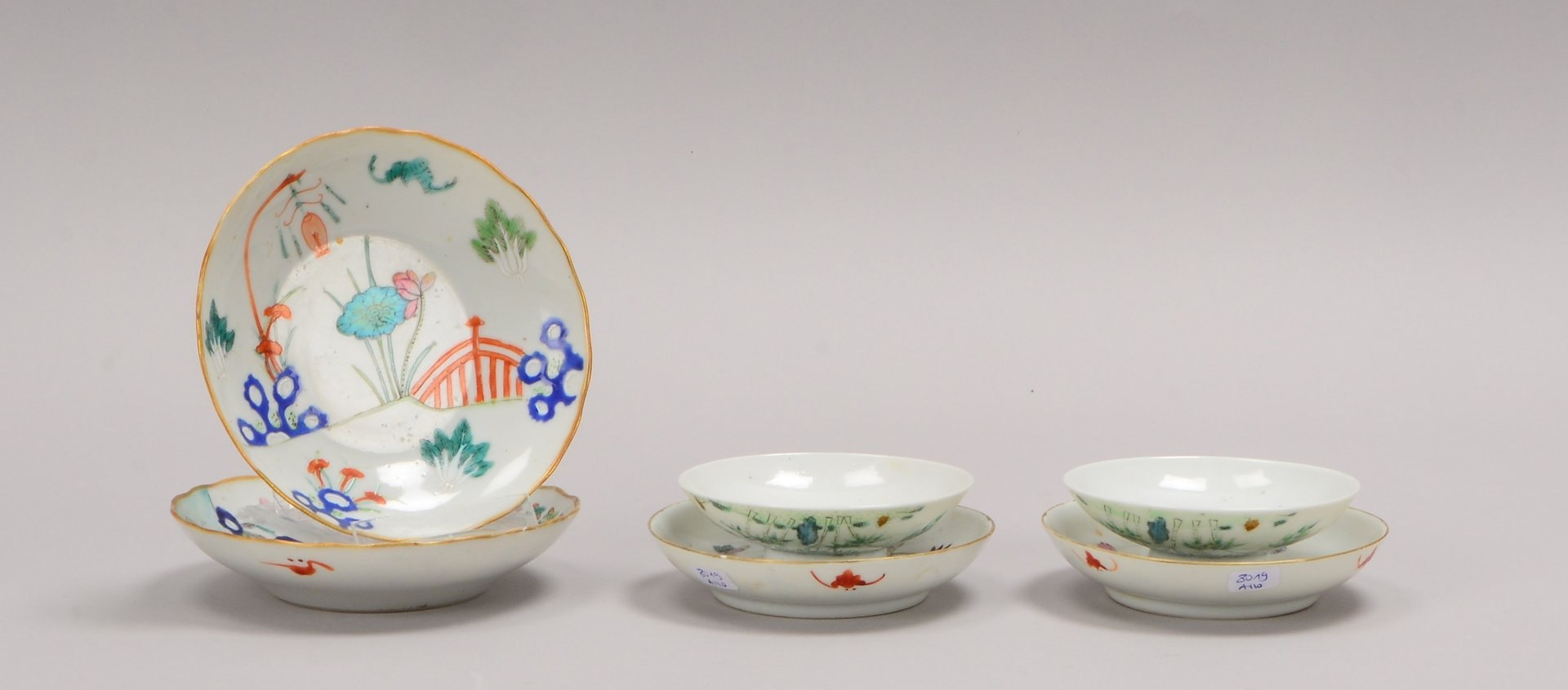 6 Schälchen (China), antik: jeweils 2x dekorgleich (teils mit Bestoßungen/Randber.)