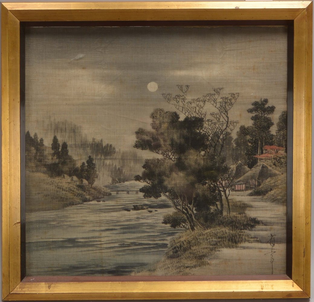 Seidenmalerei (China), 'Landschaft im Mondschein', unten re. sign., hinter Glas