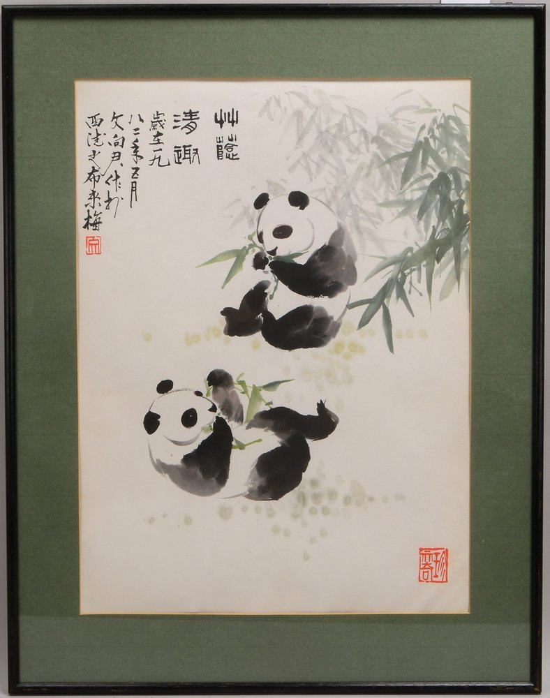 Tuschezeichung (China), 'Zwei Pandabären', mit Stempelsignatur, unter PP hinter Glas