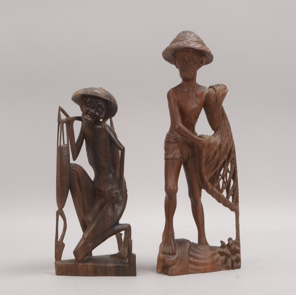 2 Holzfiguren, schweres Edelholz, handgeschnitzt, 'Fischer', in versch. Ausf.