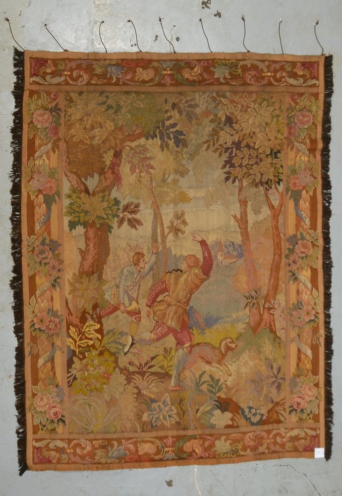 Gobelin, antik, mit szen. Darst. ('Landschaftsmotiv - Zwei Männer mit Hund'), orig. Erhaltung