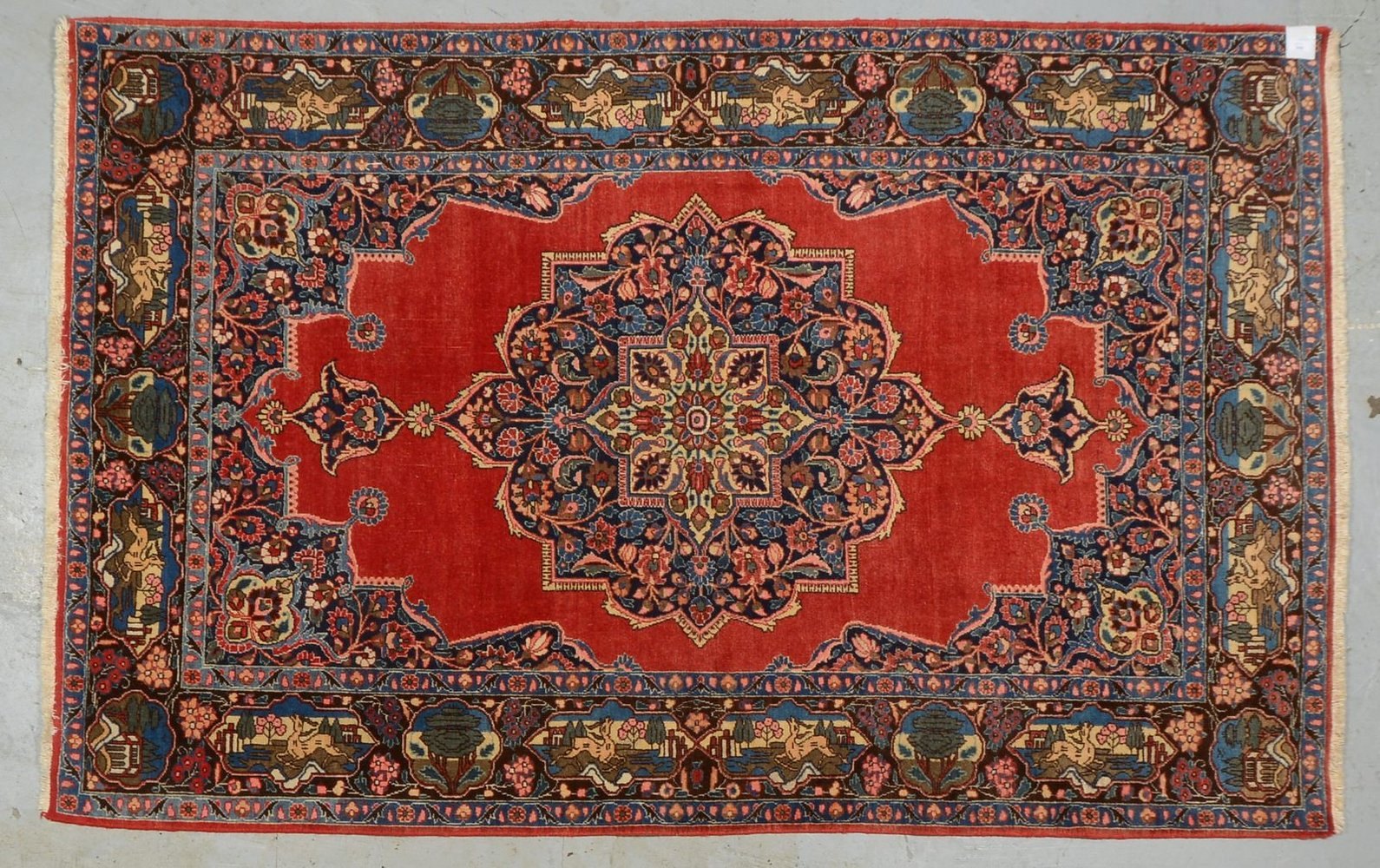 Orientteppich, mittelfeine Kn., Bordüre mit Bilderkartuschen, ringsum kompl., sehr guter Zust.