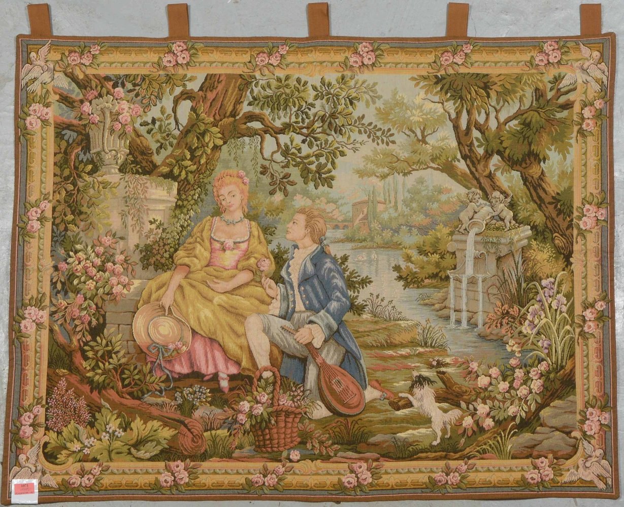 Gobelin (Frankr.), 'Galante Szene im Park' - verso betitelt/bez., textil hinterl., guter Zust.