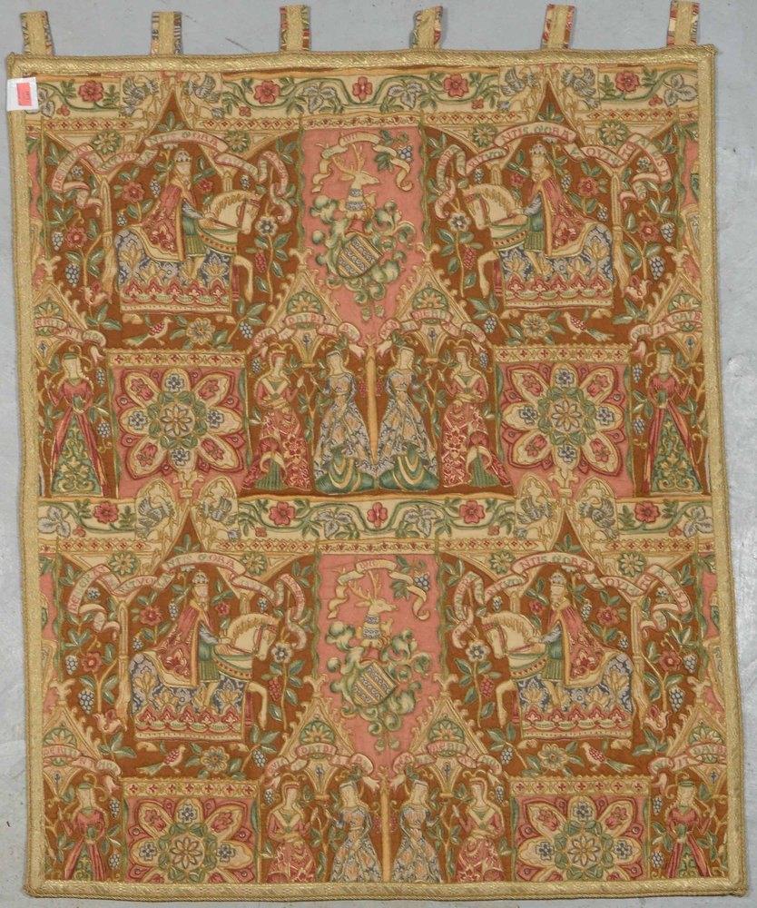 Gobelin, 'Höfische Szenen', umlaufend Goldbrokat-Bordüre und Relief-Steppnaht