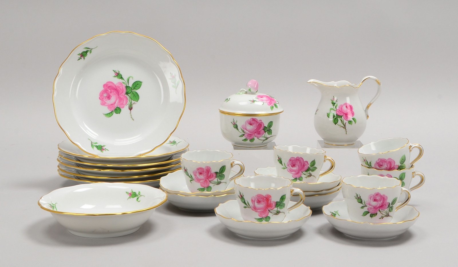 Meissen, Mokkaservice, Dekor 'Rote Rose': Zucker und Sahne, 6x Gedecke, 1 Schale