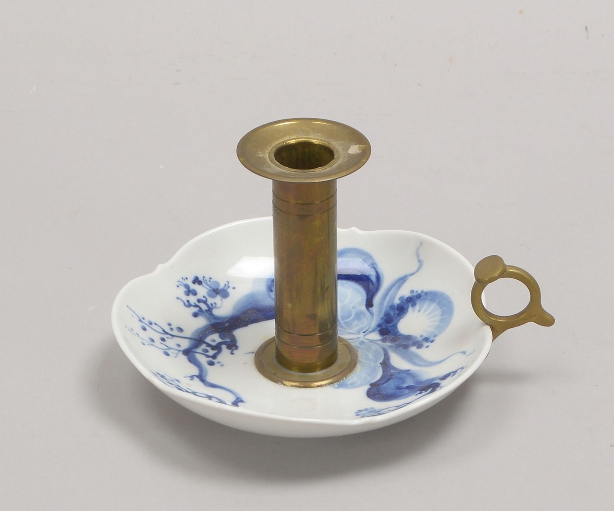 Meissen, Handleuchter, Schale mit Orchideen-Dekor, Messing-Griff und Schaft/mit Schieber