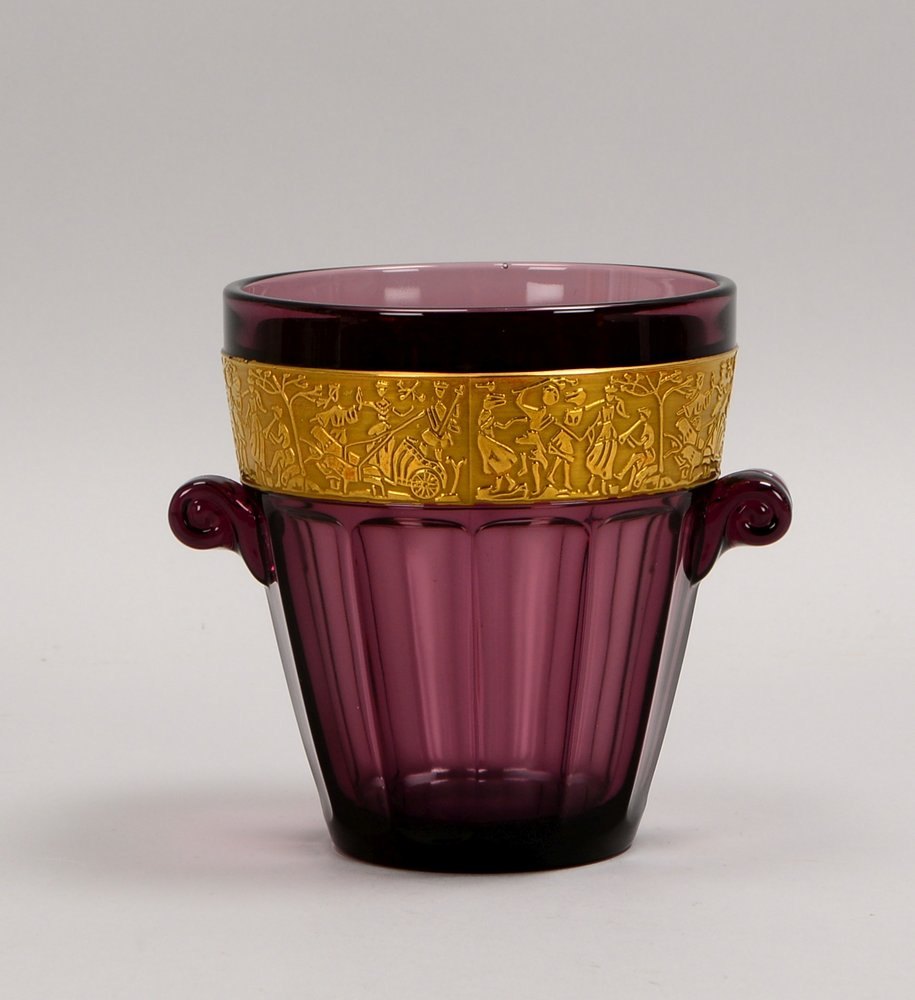 Eisbehälter, violettes Glas mit aufgelegter Goldbordüre, 2x Handhaben; Höhe 13,5 cm