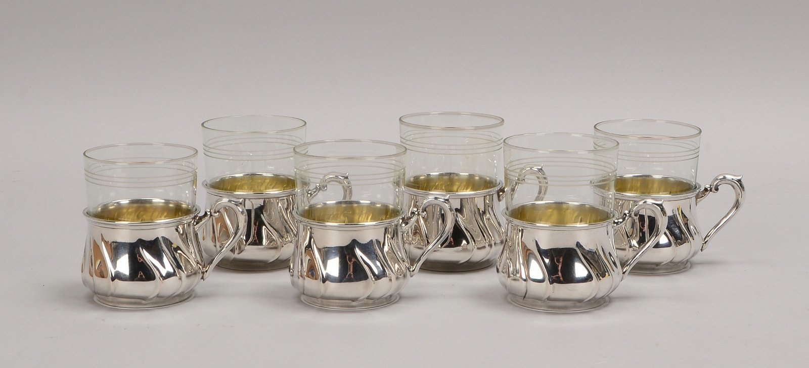 6 Teegläser, Jenaer Glas, 925 Sterlingsilber-Montierung, 6 Stück; Gew. Silber: 442 g