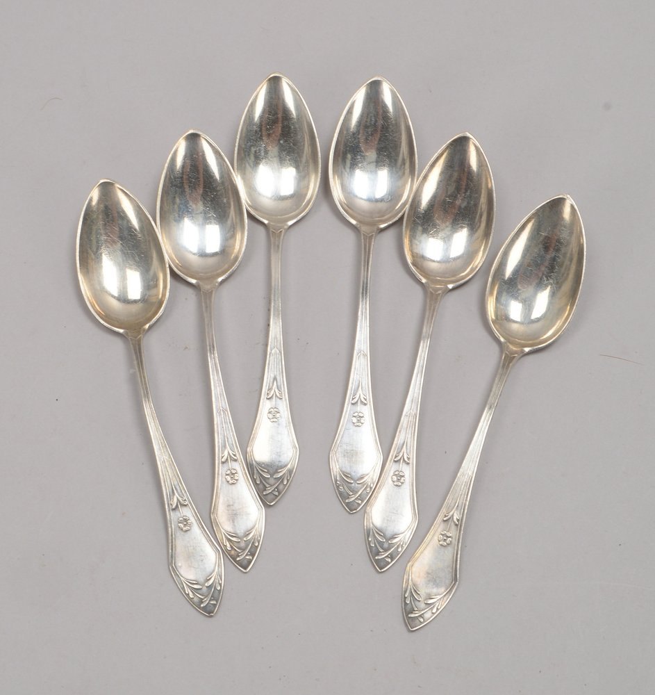 Satz Teelöffel (Jugendstil), 800 Silber, florales Dekor, 6 Stück; Gewicht 102 g