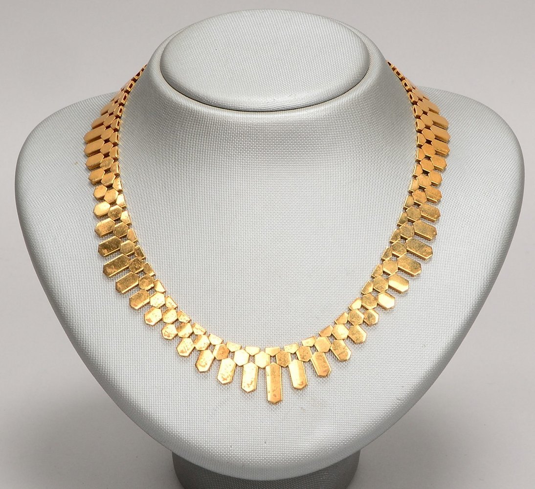 Collier, 750 GG (gest.), flache geometr. Glieder/verlaufend, mit Steckschließe; Gew. 52,60 g