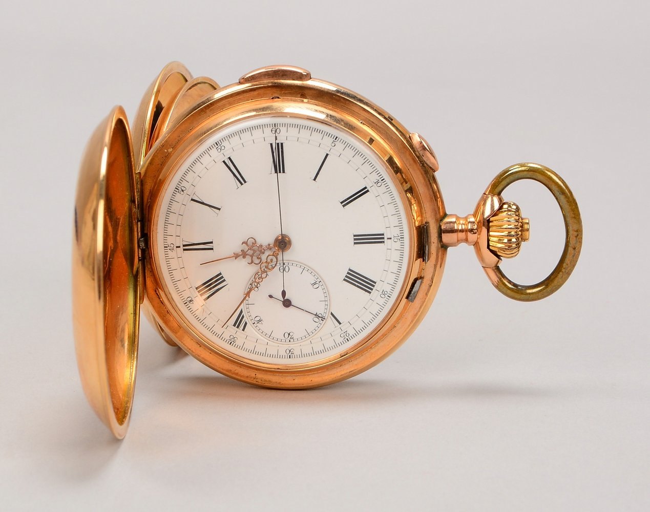 Sprungdeckel-Taschenuhr/Chronograph, Le Phare, 585 RG/3 Deckel Gold, Nr. '507', Stoppfkt.