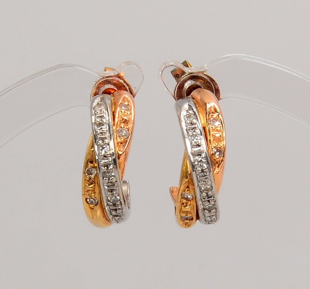 Paar Ohrstecker, 585 Gold/Tricolor, jew. mit 6x Achtkant-Diam.; Ø 14 mm, Gew. 4,20 g