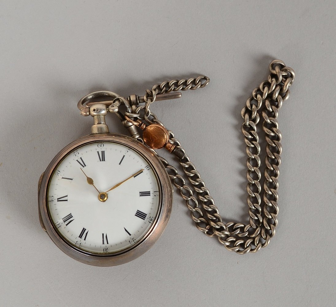 Spindeltaschenuhr, Silber-Gehäuse/Übergehäuse, arab. und röm. Zahlen, an Silberkette