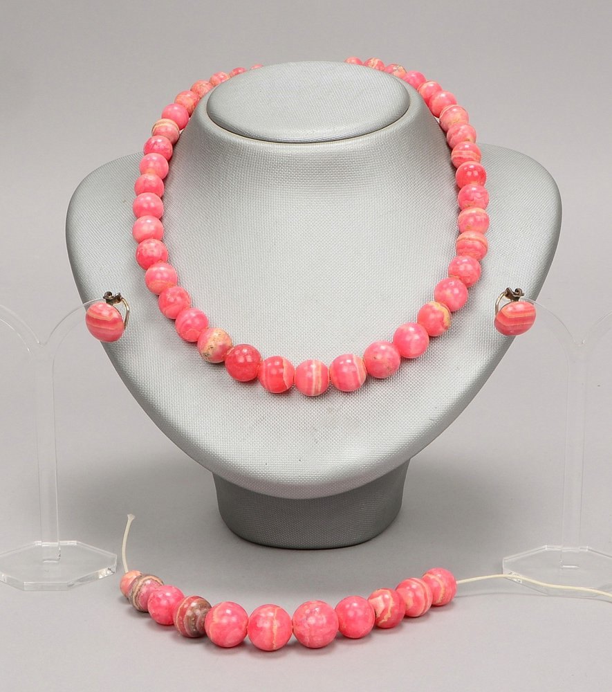 Rhodochrosit-Schmuckset: Halskette, Länge 43 cm/mit Verl., und Paar Ohrclips