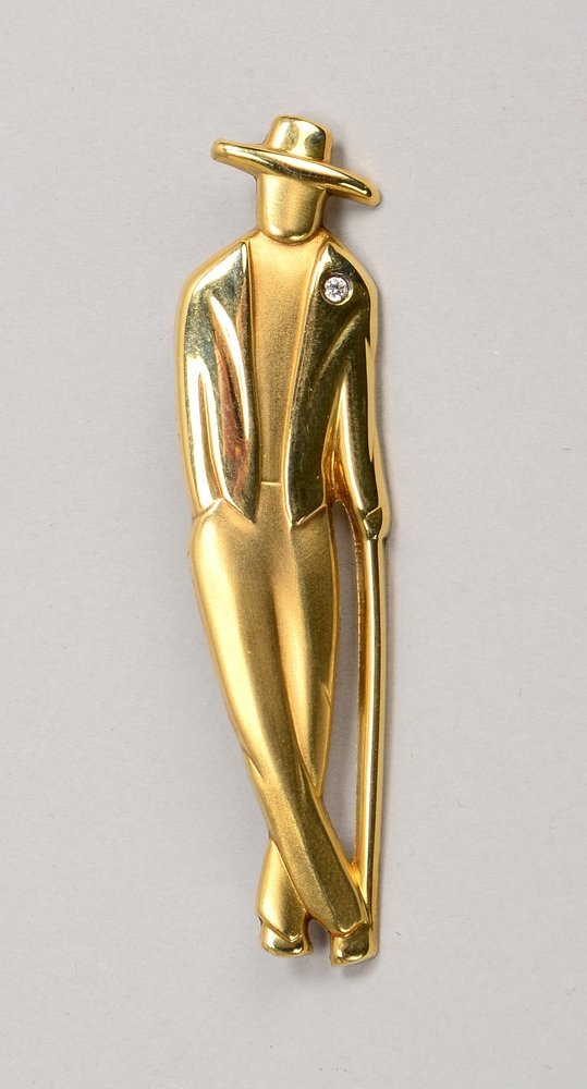 Figürl. Brosche, 333 GG (gest.), 'Herr mit Stock und Hut', mit kl. Zirkon; Gew. 6,80 g